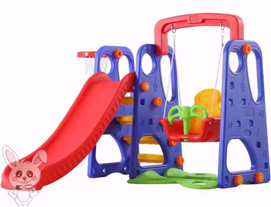 Picture of A slide and swing game set with a 3-in-1 multi-colored basketball hoop