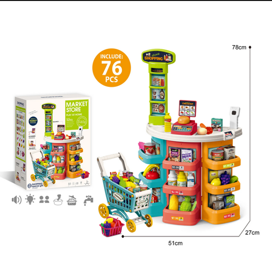 Picture of --Children Home Chef Toys Kitchen Toys Supermarket Round Table Shopping Carts Balance Scanner Toys 76pcs for Kids