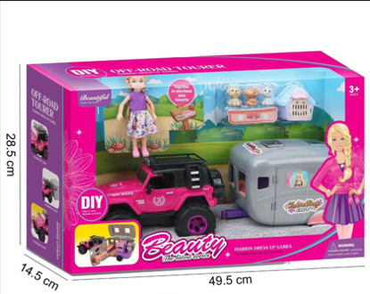 Picture of 113/Barbie playset includes a caravan with furniture, in addition to a jeep with sounds and lights.