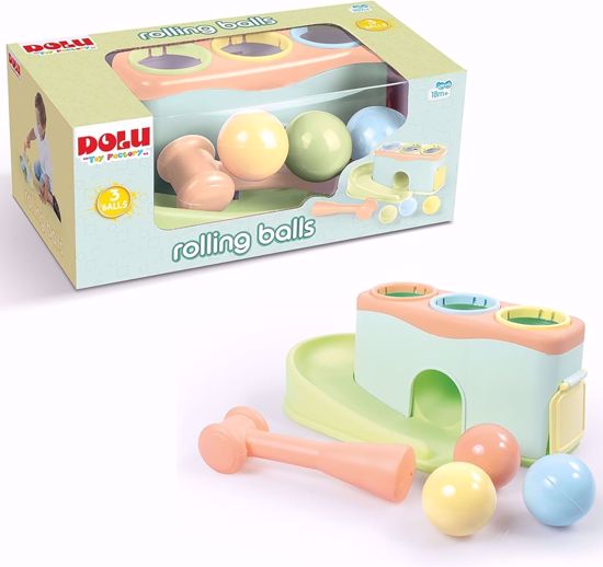 صورة 301/لعبة نشاط للأطفال من دولو لعبة إطلاق الكرة وتدحرجها للأطفال الصغار، 3 كرات خشخشة، مطرقة واحدة