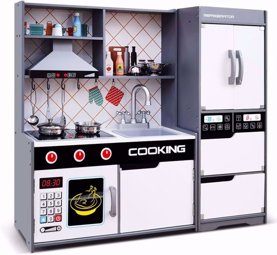 Picture of 319/ Children's Kitchen, Play Kitchen for Toddlers, Wooden Toy Kitchen Set for Kids with 25 Pieces of Food Accessories and Cooking Utensils, Realistic Design, Lights and Simulated Sounds