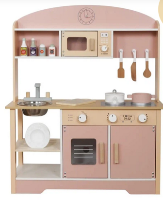 Picture of 415/AVKO Wooden Children's Kitchen, Parma Pink, Dimensions 80×68×28 cm, Equipped with Oven, Microwave, Sink and 11 Accessories, Suitable for Children