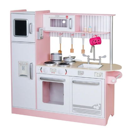 Picture of Kitchen Toys Microwave Refrigerator Phone with Wooden Kitchen Kids Cooking Role Play Toy Set Oven Cookware Tableware (Color: Pink, Size: 109x35x104CM)