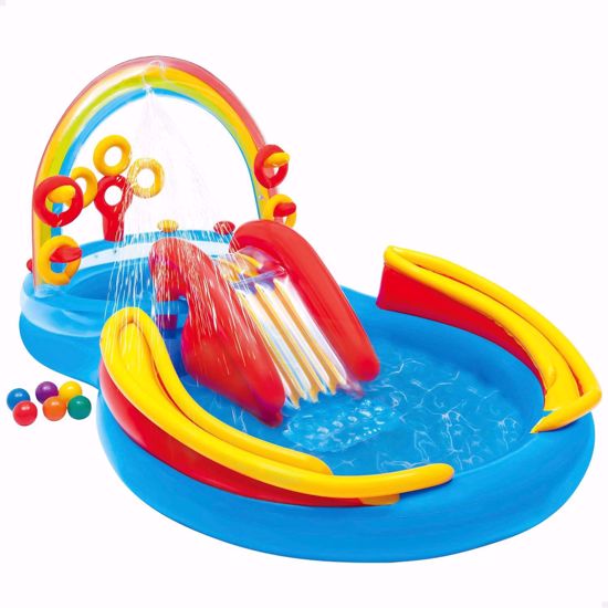 Picture of Intex 57453EP 9.75 Foot x 6.3 Foot x 53 Inch Multicolor Rainbow Slide Kids Inflatable Pool with Water Slide and Ring Toss for Children Ages 2 and Up