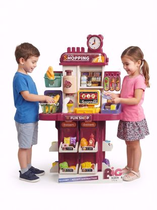 Picture of  Fun Shop Mini Market Playset | Kids Pretend Play Shopping Counter with Basket, Cash Register & Snack Shelves | Compact Grocery Store Toy 