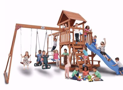Picture of 507/A comprehensive wooden garden playset for children, featuring an elevated playhouse with a wooden roof, a blue wavy slide, a climbing wall, and various swings (a standard swing, a double swing, and a trapeze bar).